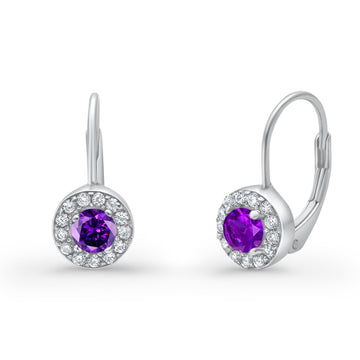 Dangling Earrings Halo Round Cut Simulated Amethyst CZ 925 Sterling Silver